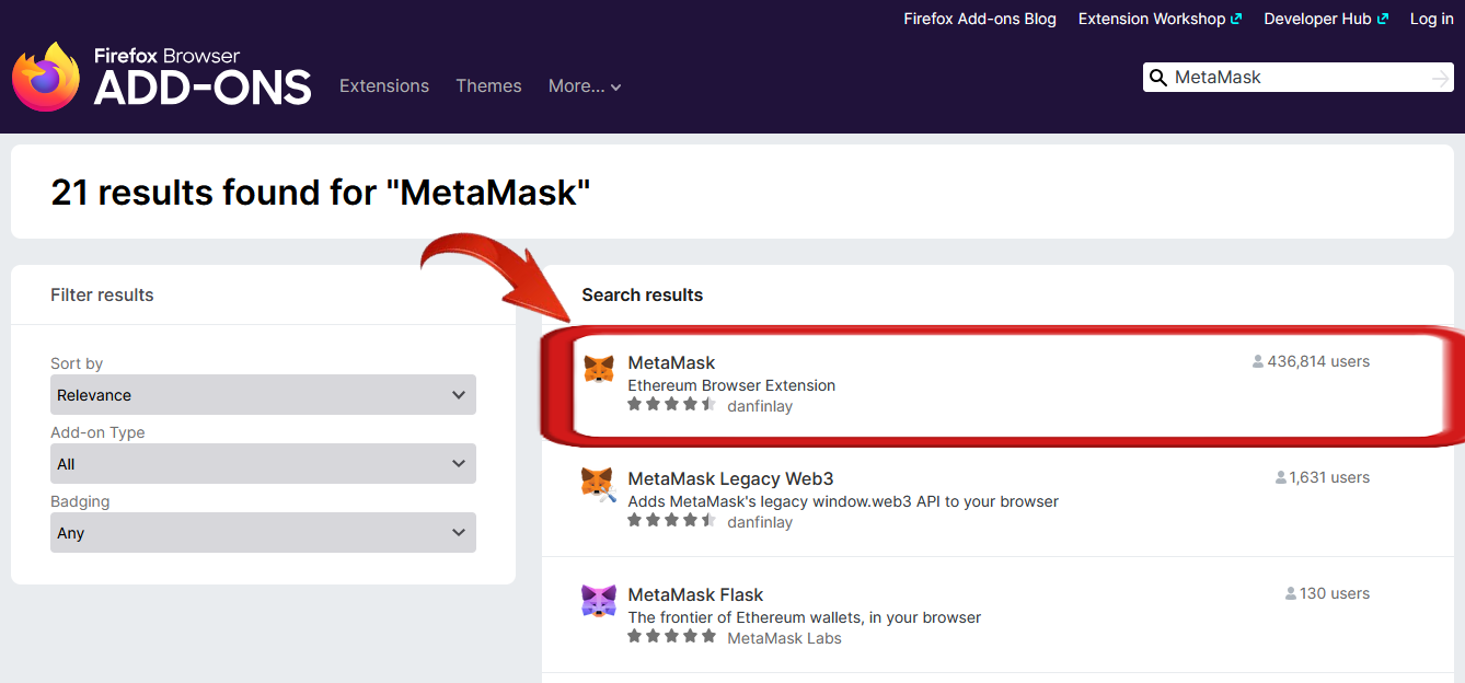 add metamask extension on firefox