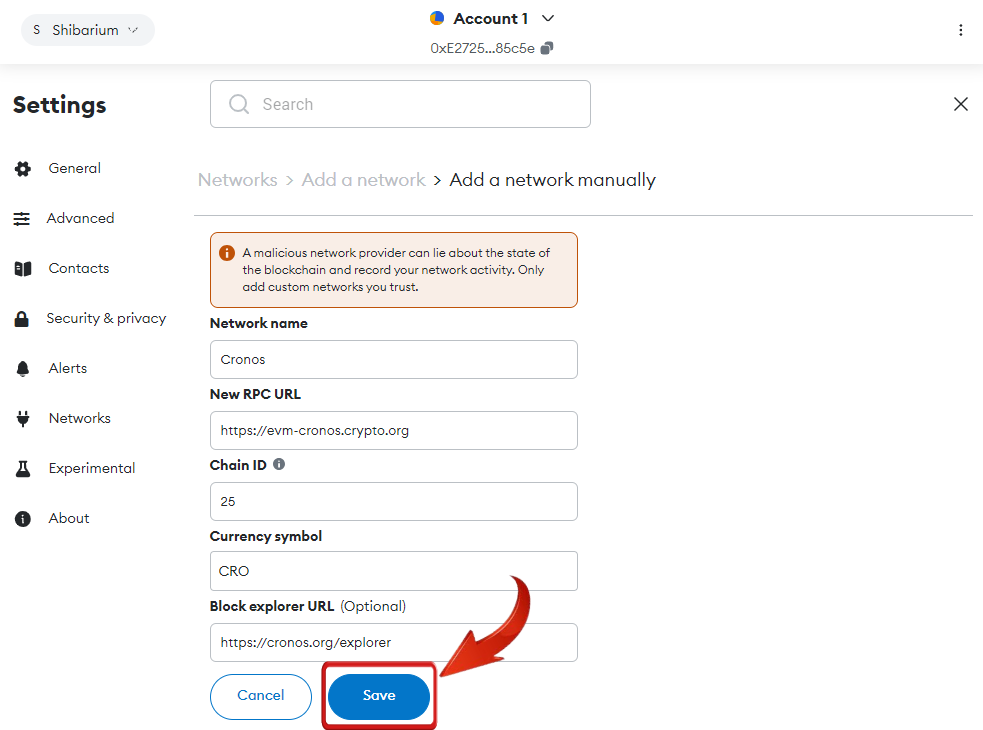 Cronos Network to MetaMask