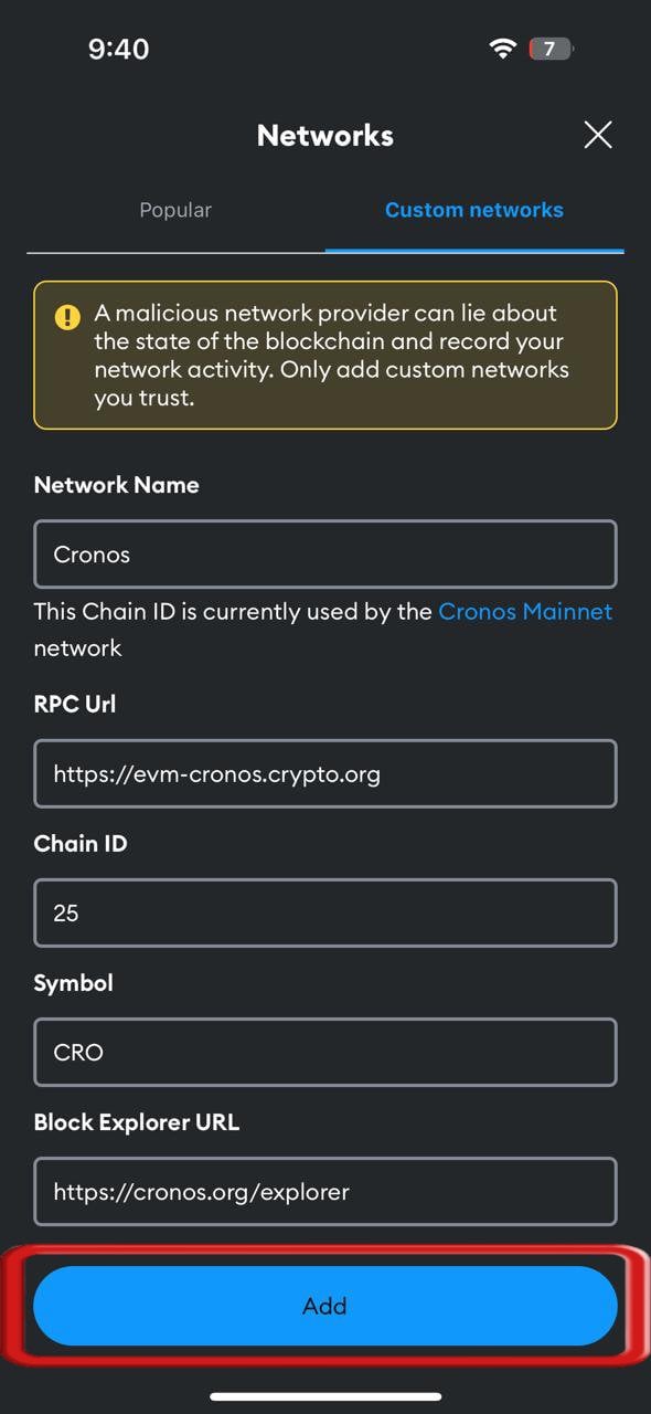 Cronos Network to MetaMask
