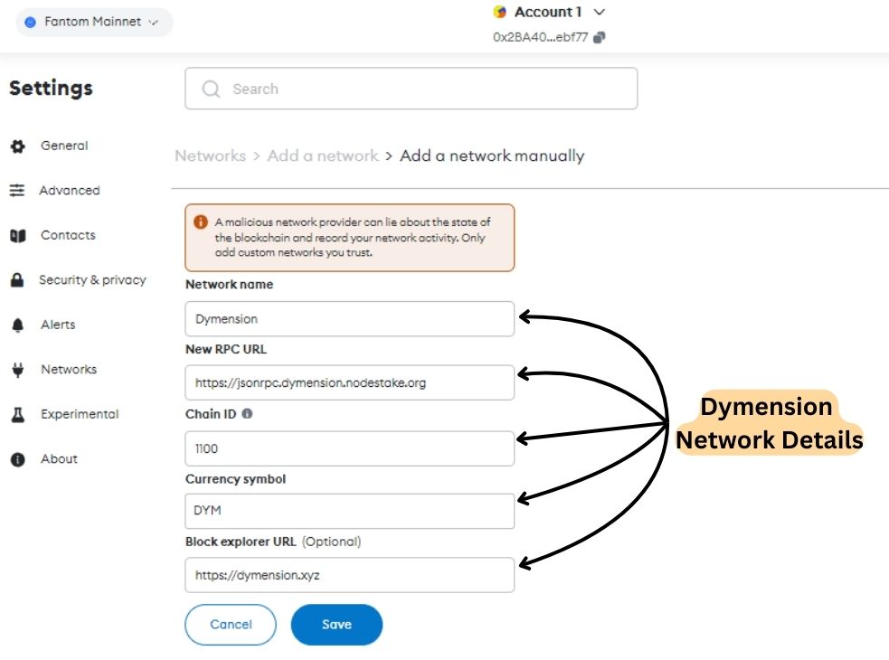 Dymension to MetaMask