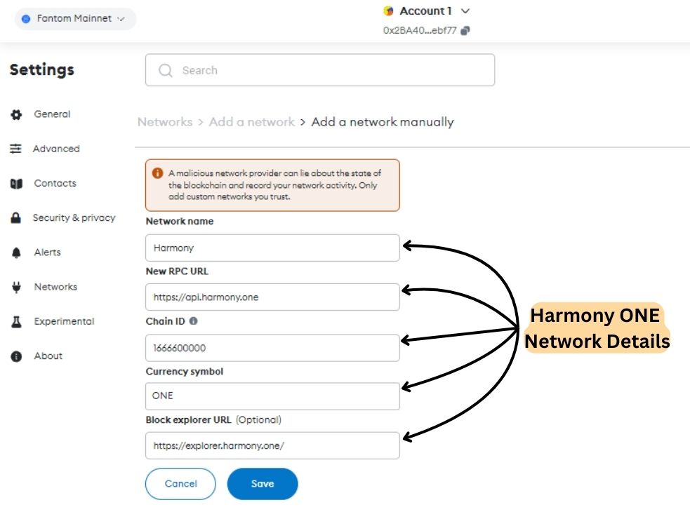 Harmony Network to MetaMask