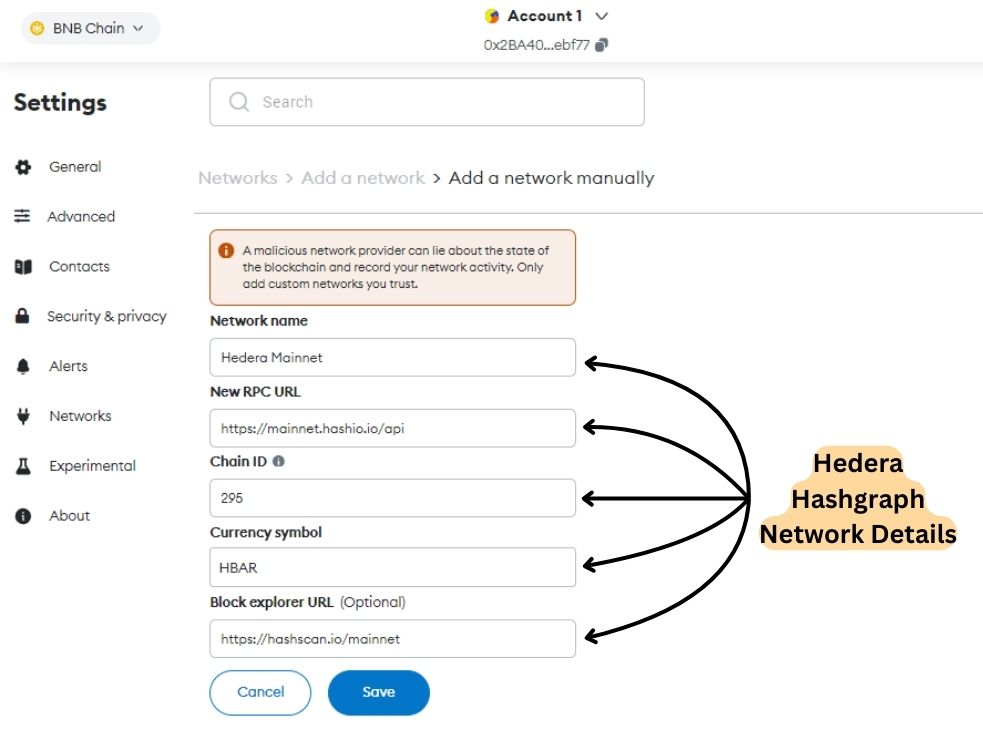Hedera Hashgraph network to MetaMask