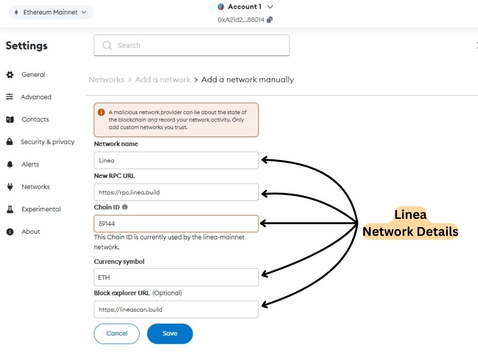 Add Linea to MetaMask