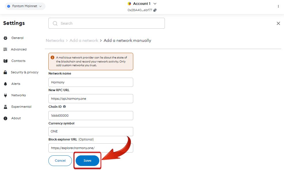 Harmony Network to MetaMask