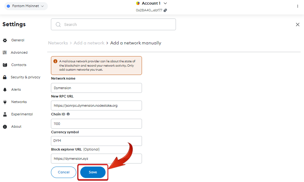 Dymension to MetaMask