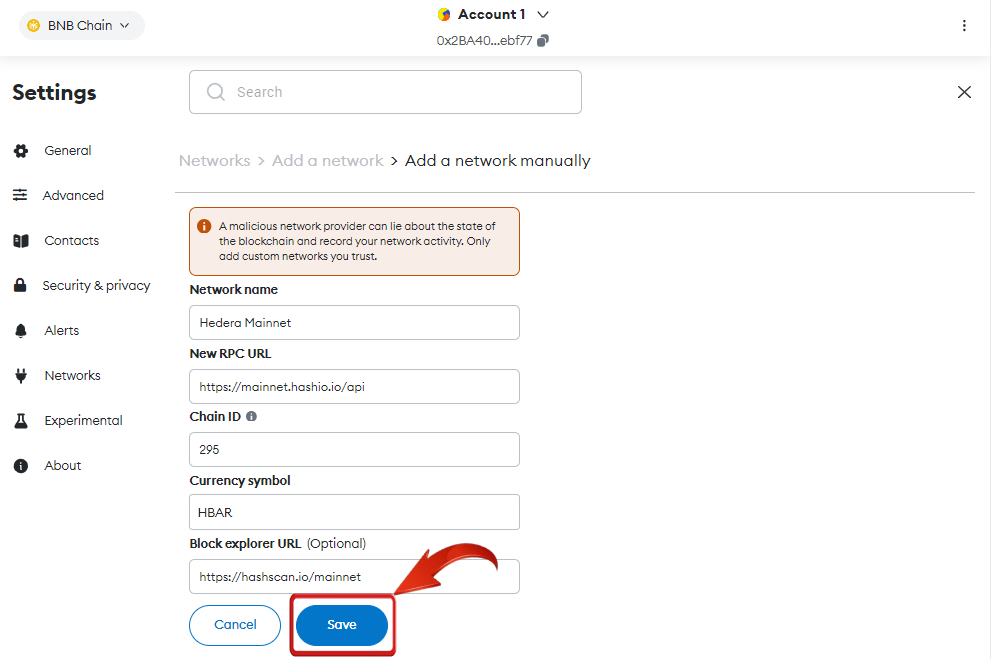 Hedera Hashgraph network to MetaMask
