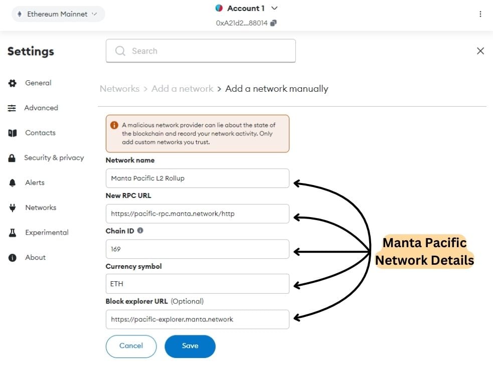 add Manta Pacific to MetaMask