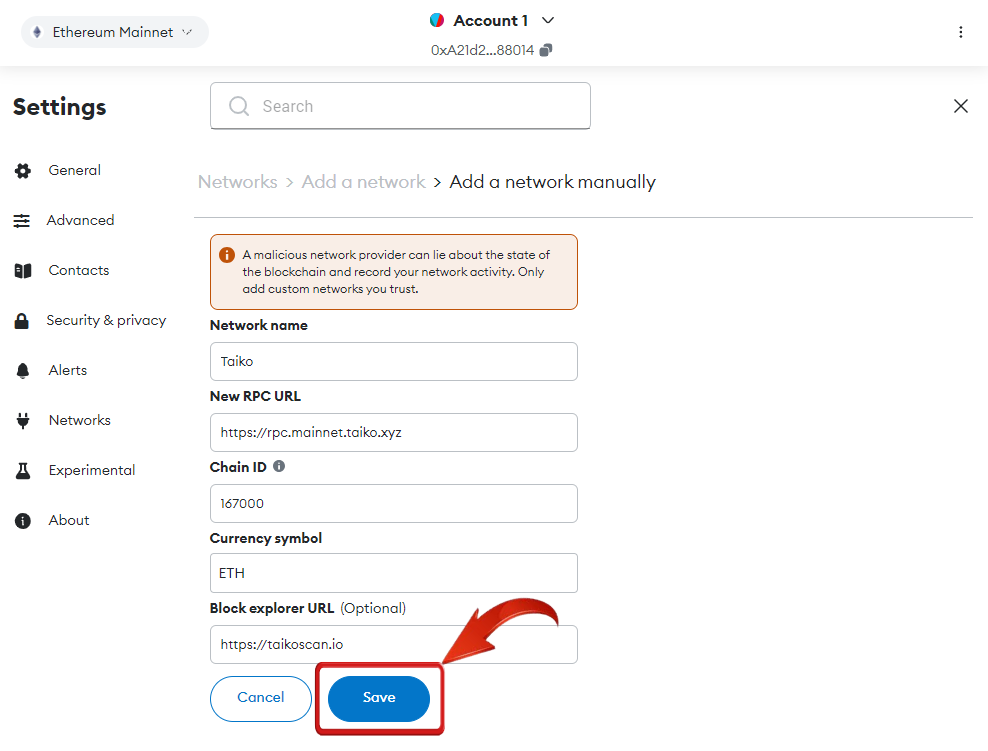 Add Taiko to MetaMask