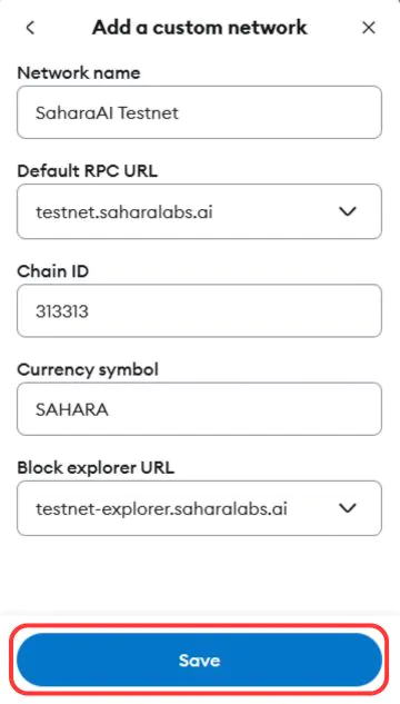 Добавьте тестовую сеть Sahara AI в MetaMask