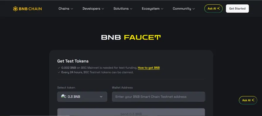 Get BNB Testnet Tokens
