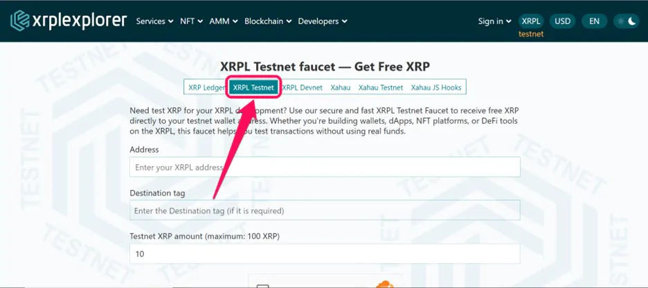 Obtenha tokens da rede de teste XRP