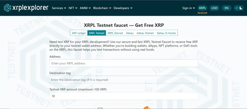 Obtenha tokens da rede de teste XRP