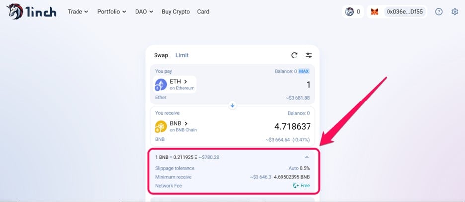 use 1 polegada para trocar tokens usando MetaMask