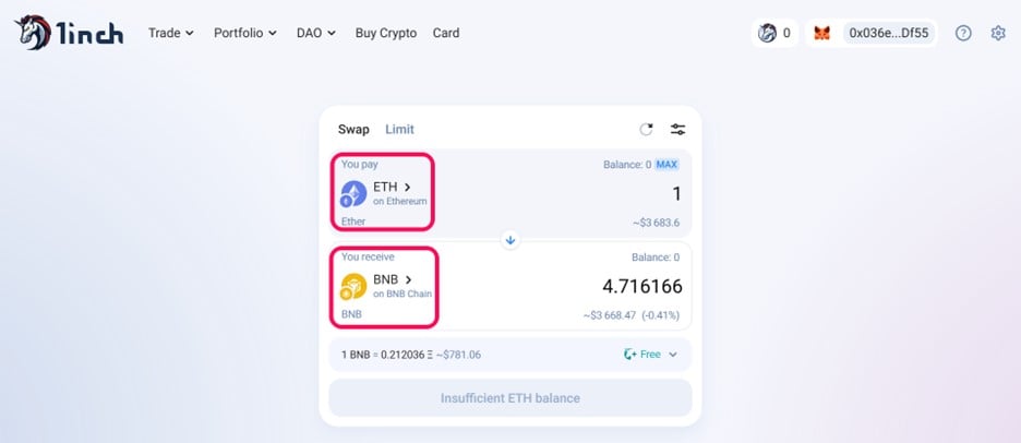 use 1 polegada para trocar tokens usando MetaMask
