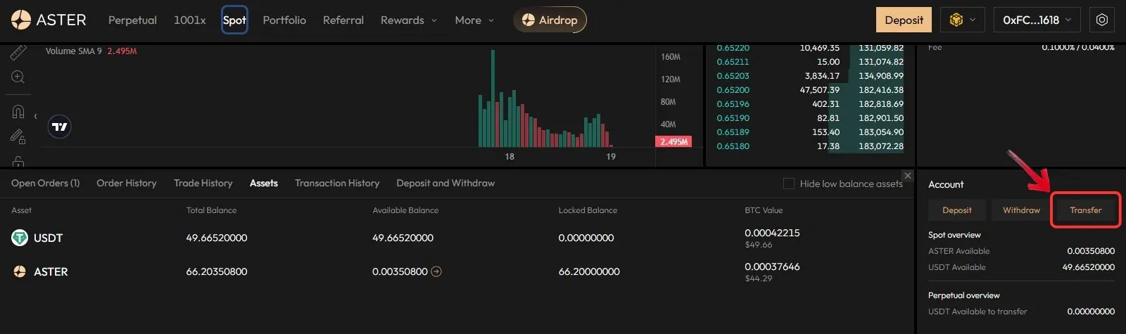 deposits and withdrawals on Aster DEX