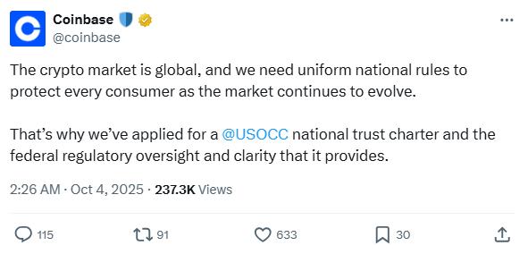 Coinbase Applies for National Trust Charter