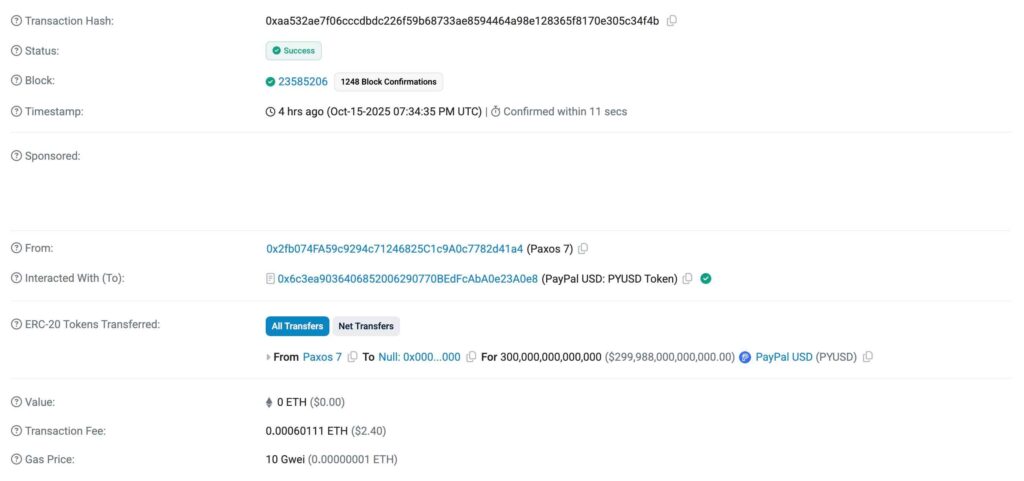 Paxos Burned 300 trillion PYUSD