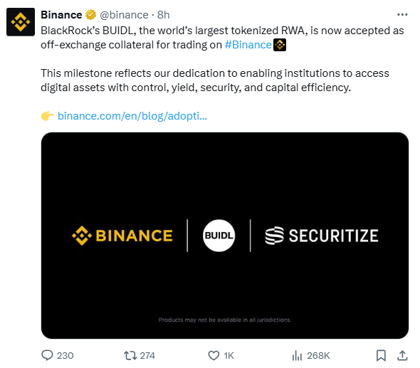 Binance adds BUIDL as collateral