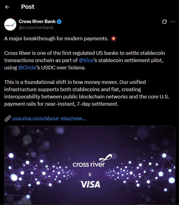 Visa launches USDC settlement for US banks